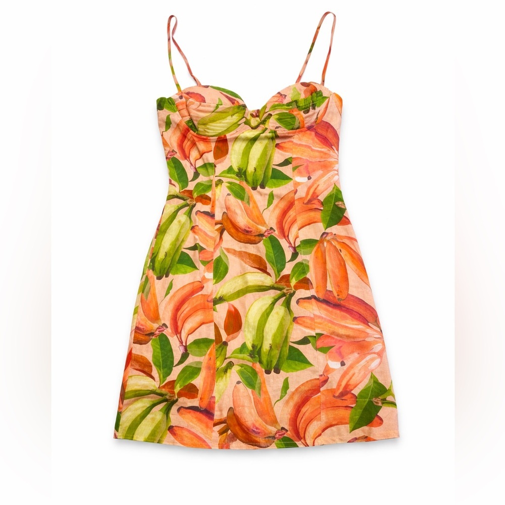 NWT Farm Rio Linen Banana Print Dress M  Sweetheart Neckline, Adjustable Straps